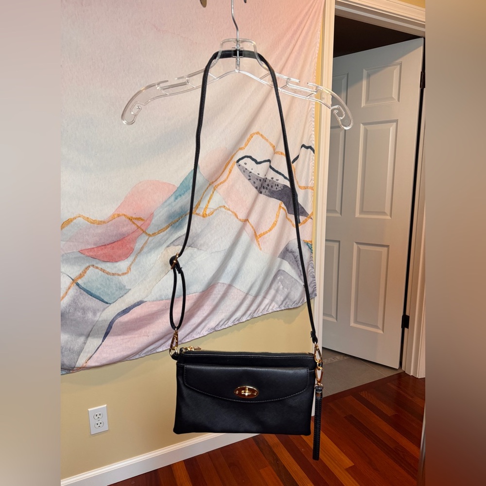 Black Leather Crossbody Bag Minimal Flap Gold Accent Classic Shoulder Bag